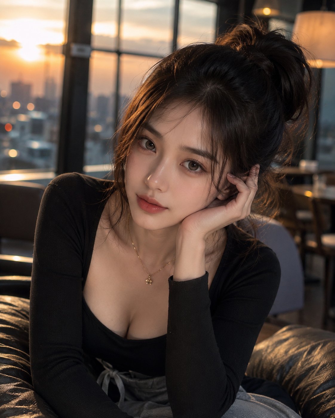 Nanobanana Pro 生成 黄金时刻窗边东亚女性超写实人像 - AI绘画提示词