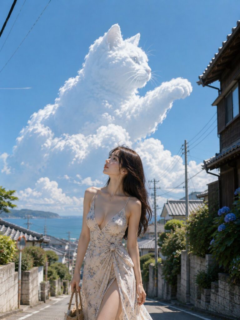 Nanobanana Pro 生成 盛夏海边坡道上的猫形积雨云与女子 - AI绘画提示词