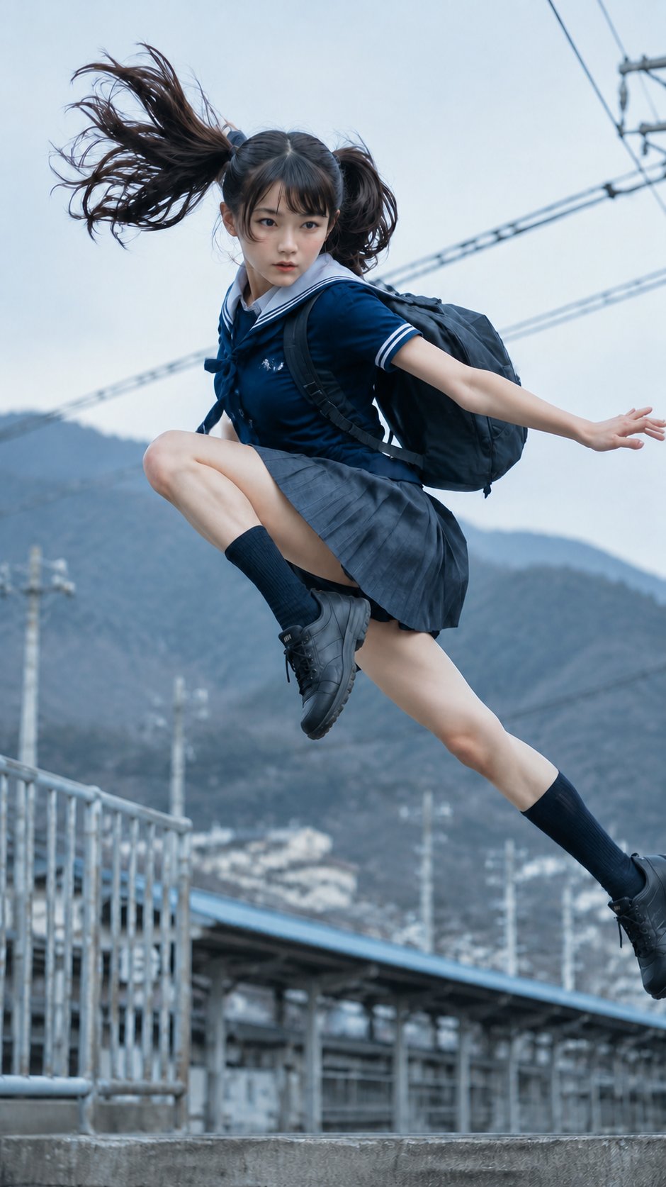 Nanobanana Pro 生成 日系夏季制服少女山顶车站跃起写实全景 - AI绘画提示词