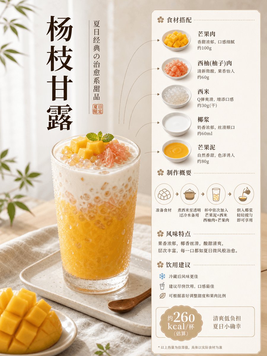 Nanobanana Pro 生成 极简日系杨枝甘露饮品海报提示词 - AI绘画提示词