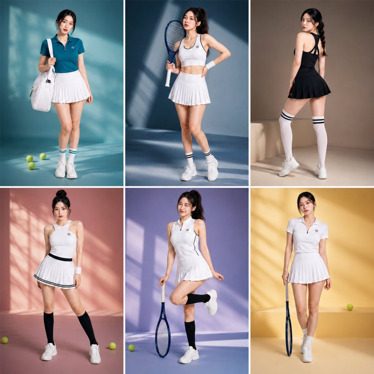 Nanobanana Pro 生成 韩国美女模特奢华网球服时尚摄影六宫格 - AI绘画提示词