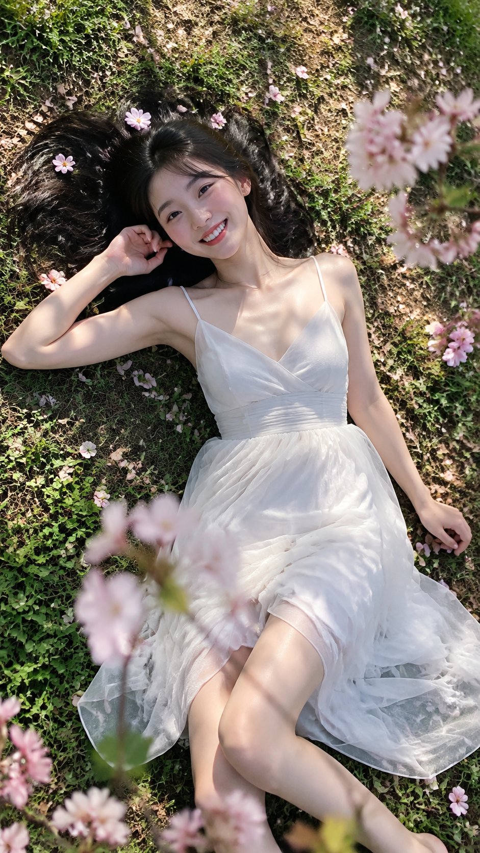 Nanobanana Pro 生成 樱花草坪白纱裙年轻女性户外写真 - AI绘画提示词