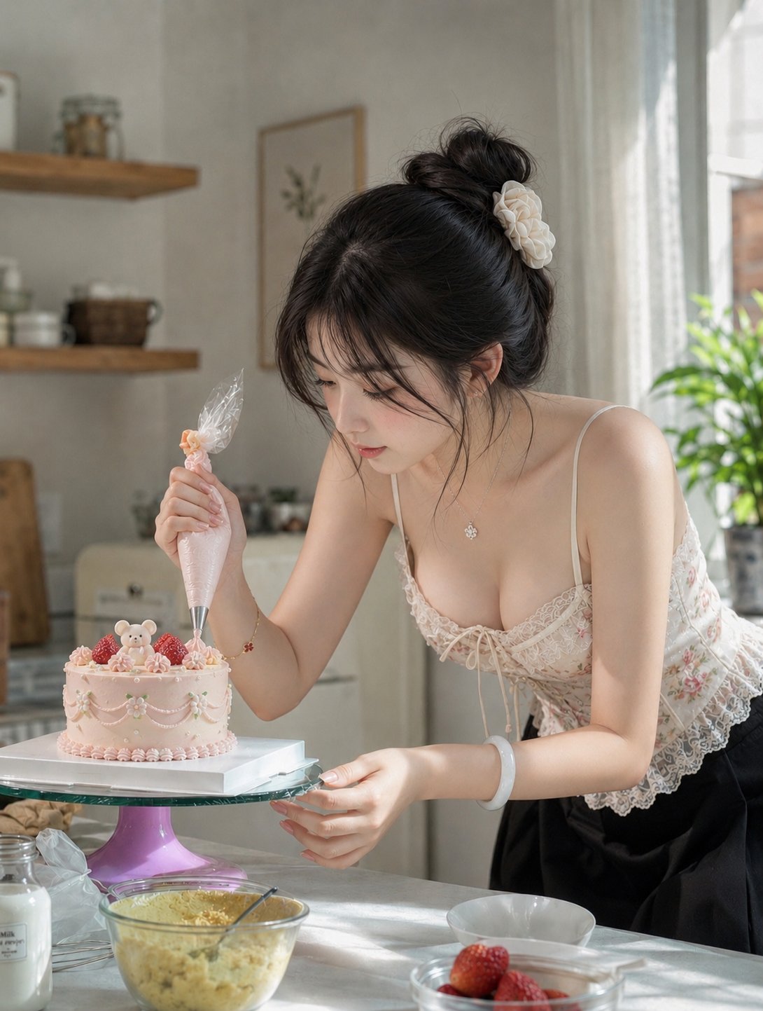 Nanobanana Pro 生成 装饰草莓小熊蛋糕的日系少女 - AI绘画提示词