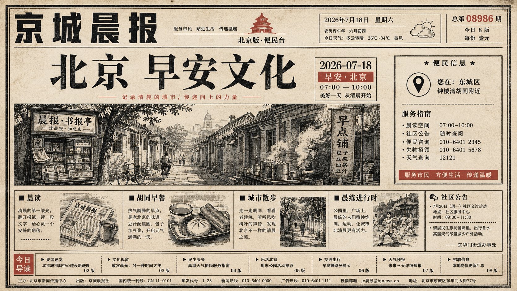 Nanobanana Pro 生成 城市早安文化旧报纸插画排版 - AI绘画提示词