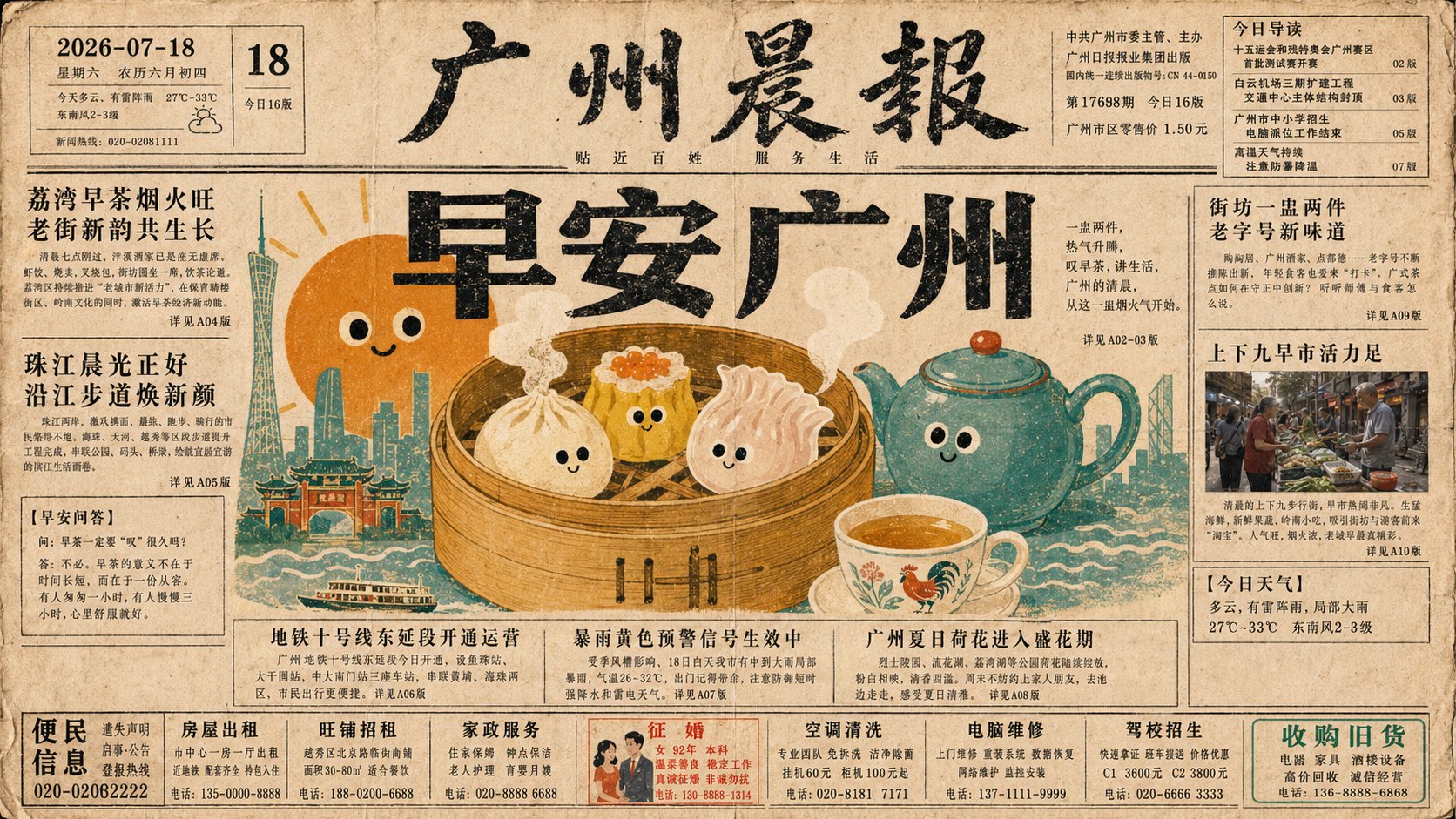 Nanobanana Pro 生成 旧报纸头版插画风格城市早安文化 - AI绘画提示词