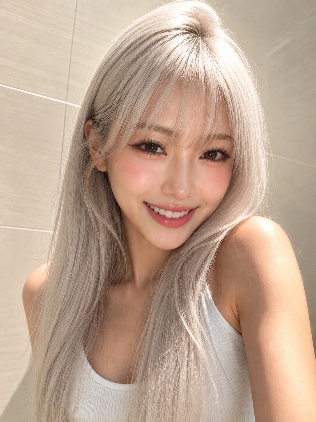 Nanobanana Pro 生成 室内极简樱桃红发亚裔女性写实人像 - AI绘画提示词