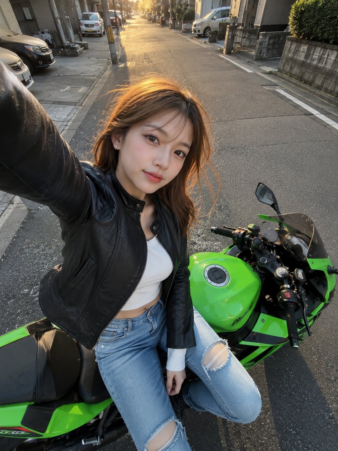 Nanobanana Pro 生成 黄金时刻日系机车少女手机自拍 - AI绘画提示词