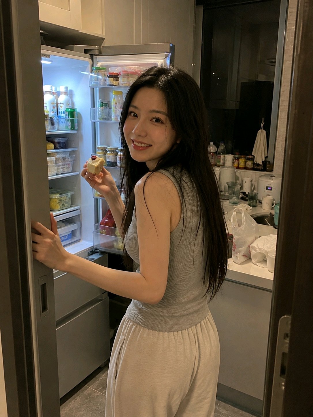 Nanobanana Pro 生成 厨房冰箱旁偷吃的女性真实手机抓拍 - AI绘画提示词