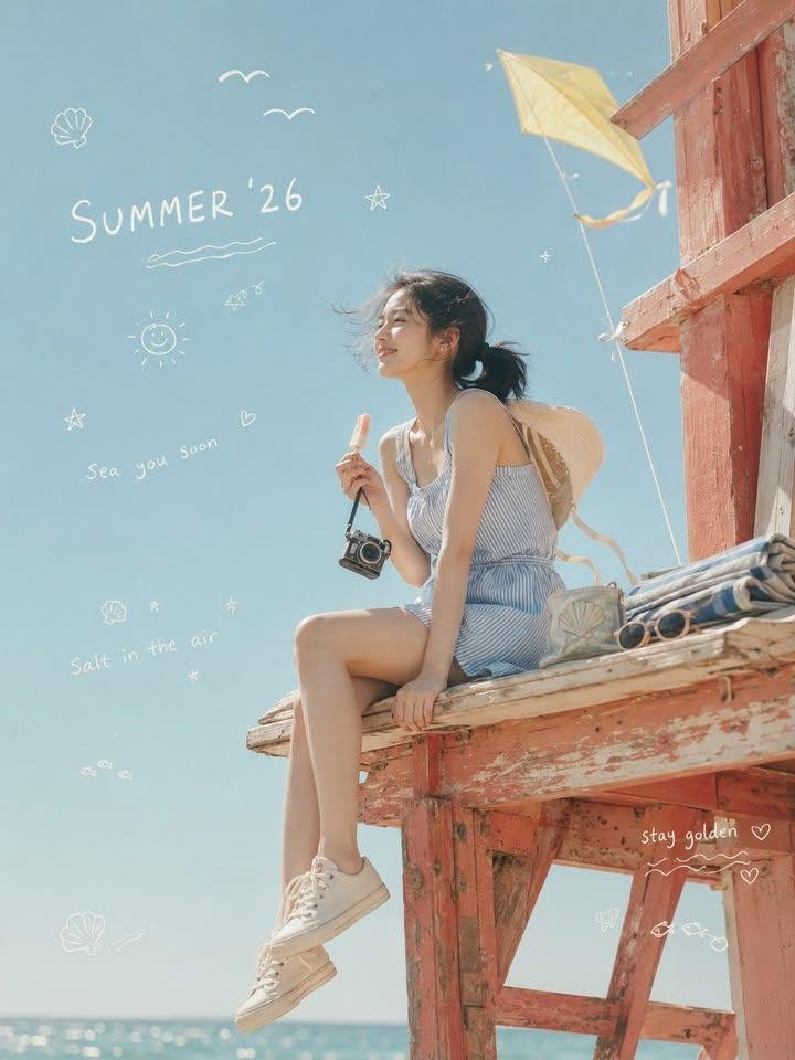 Summer 26 Korean Woman Lifeguard Tower Vintage Aesthetic | 2026盛夏韩系复古海边少女写实摄影 3 Nanobanana Pro 生成 2026盛夏韩系复古海边少女写实摄影 - AI绘画提示词