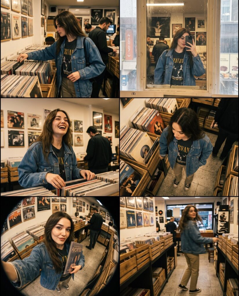 Record Store Candid Photo Collage Lifestyle | 唱片店午后胶片质感抓拍拼贴 4 Nanobanana Pro 生成 唱片店午后胶片质感抓拍拼贴 - AI绘画提示词
