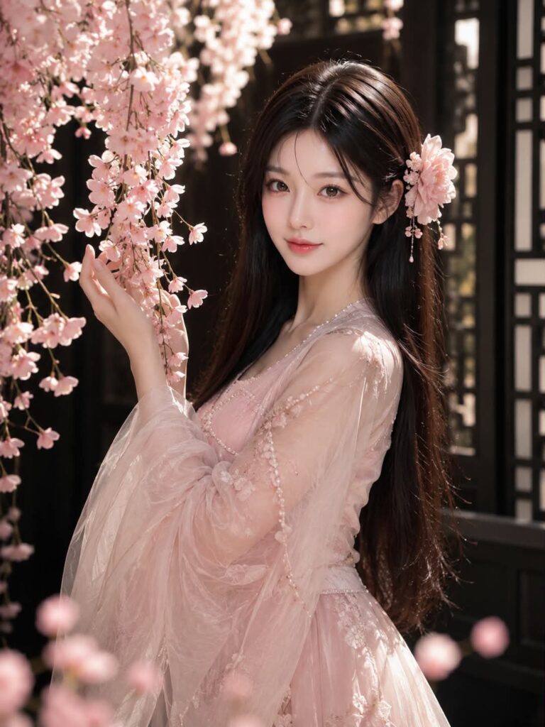 Nanobanana Pro 生成 樱花树下粉色汉服东亚女性肖像 - AI绘画提示词