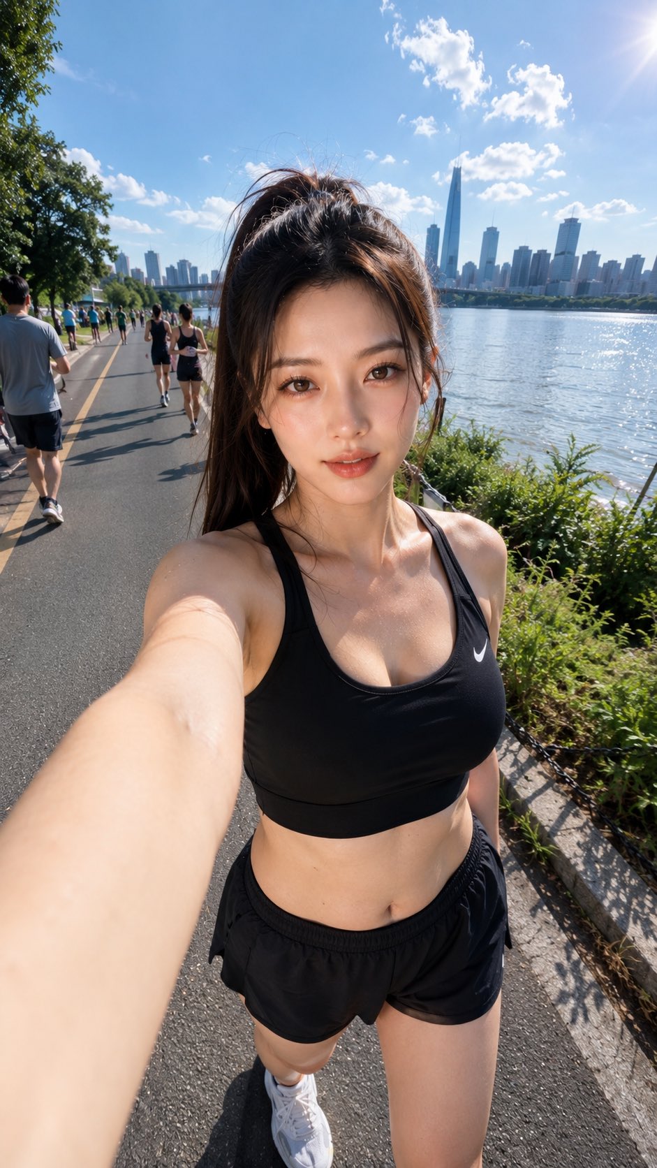 Nanobanana Pro 生成 晨跑后的东亚女性超现实自拍 - AI绘画提示词