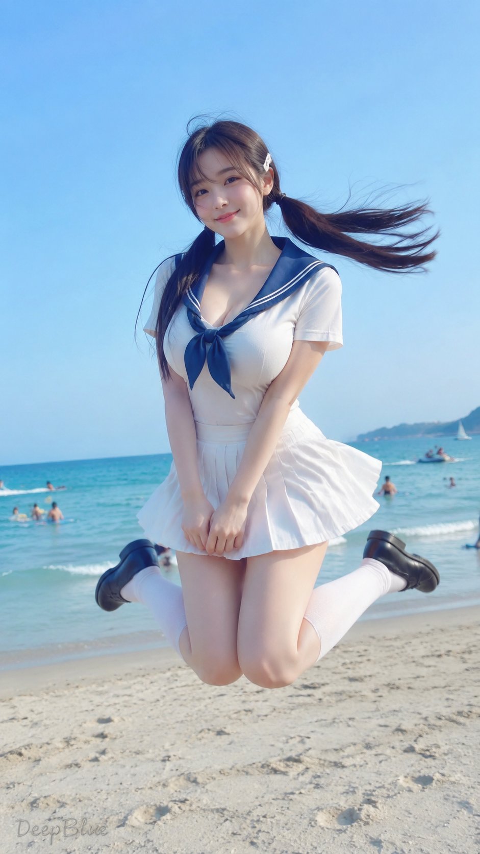 Nanobanana Pro 生成 手机抓拍夏日海边跳跃JK少女真实照片 - AI绘画提示词