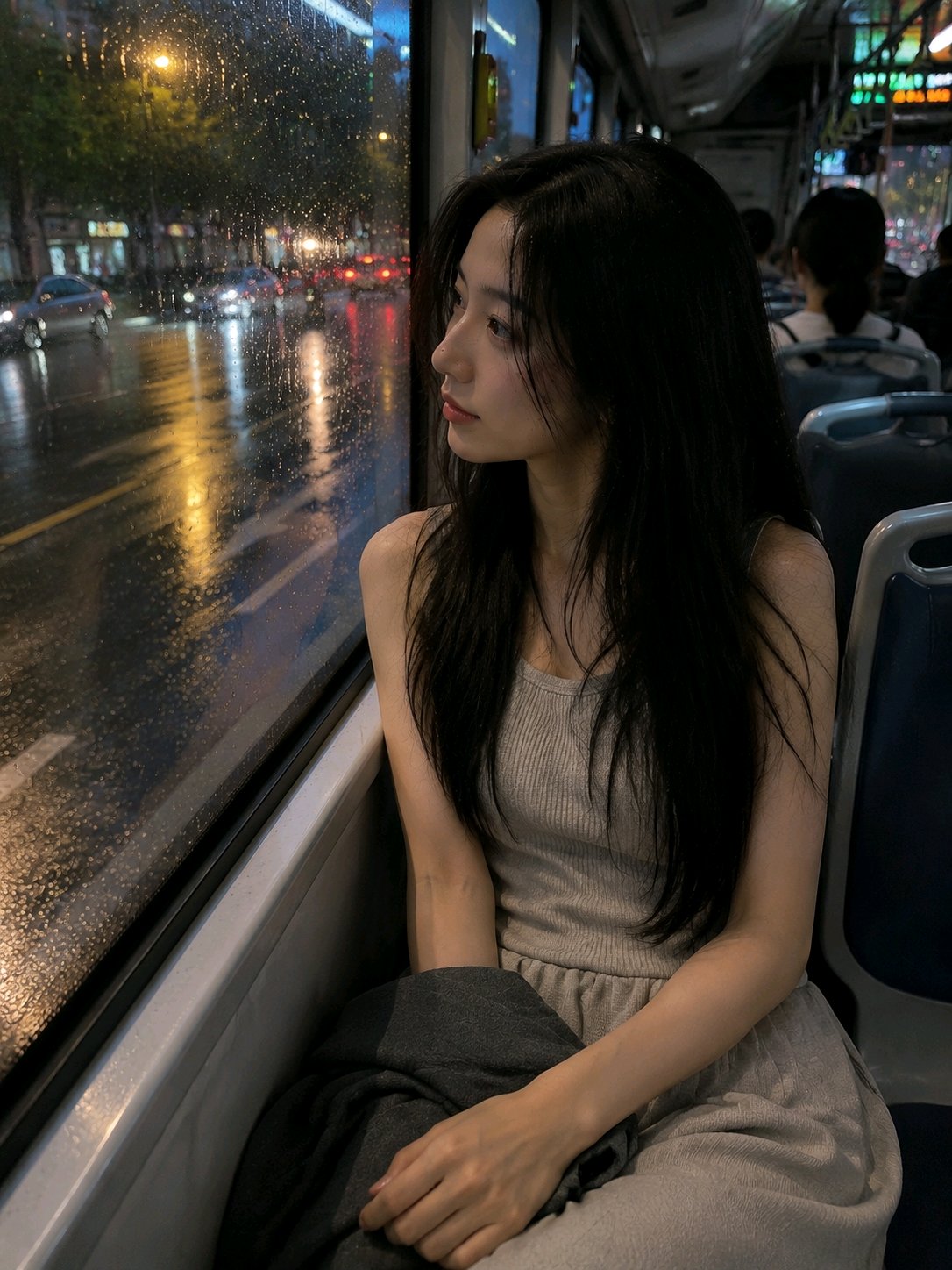 Nanobanana Pro 生成 雨后公交车窗边的亚洲女性人像摄影 - AI绘画提示词