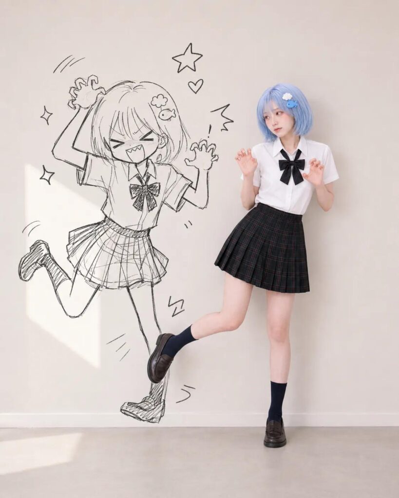 Realistic Person Wall Doodle Shadow Interaction | 真实人物与墙壁涂鸦影子交互人像 6 Nanobanana Pro 生成 真实人物与墙壁涂鸦影子交互人像 - AI绘画提示词