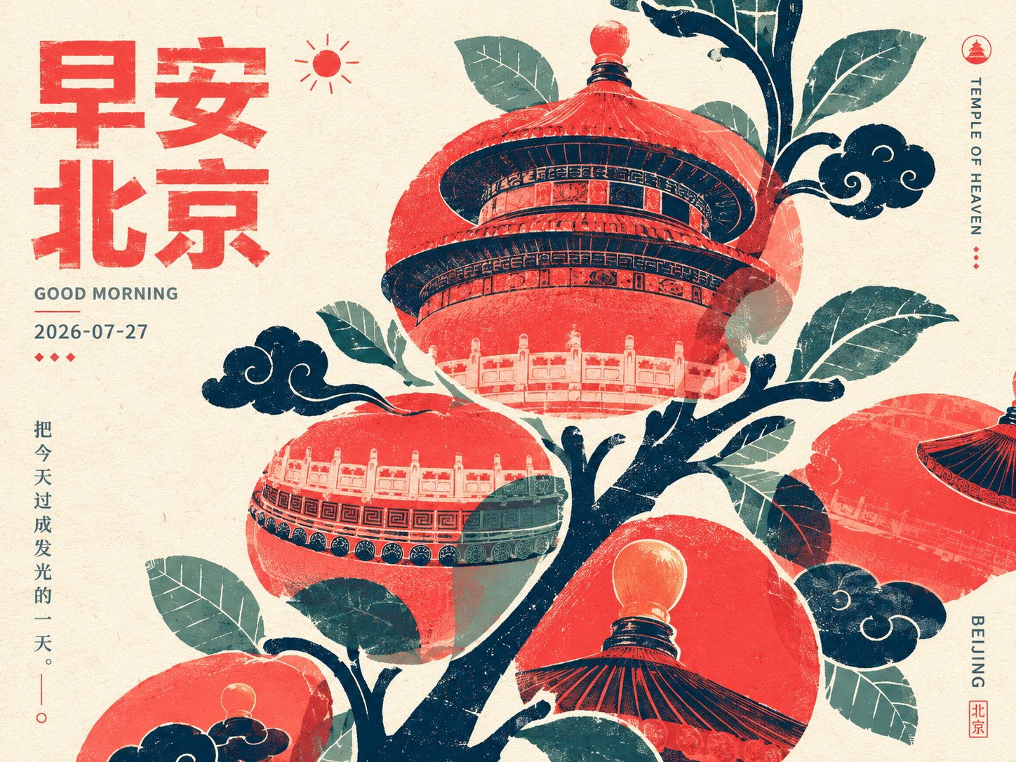 Hand Printed Beijing Temple Of Heaven Morning Poster | 手工印刷感北京天坛早安海报 2 Nanobanana Pro 生成 手工印刷感北京天坛早安海报 - AI绘画提示词