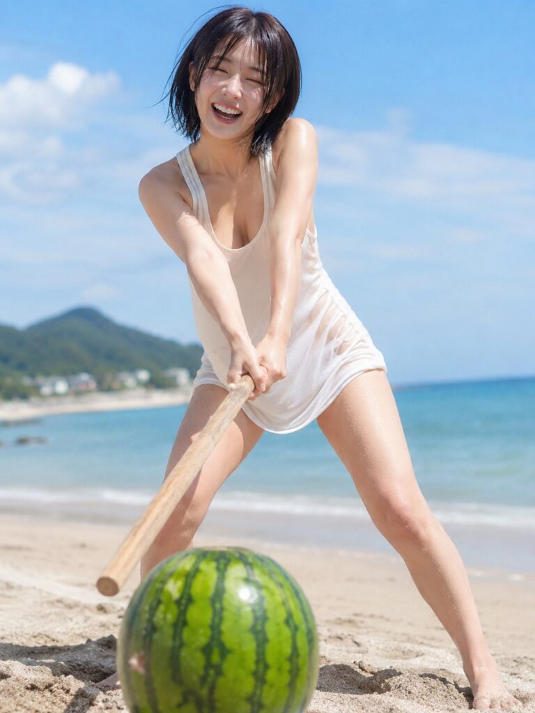 Nanobanana Pro 生成 海滩劈西瓜的大笑少女 - AI绘画提示词