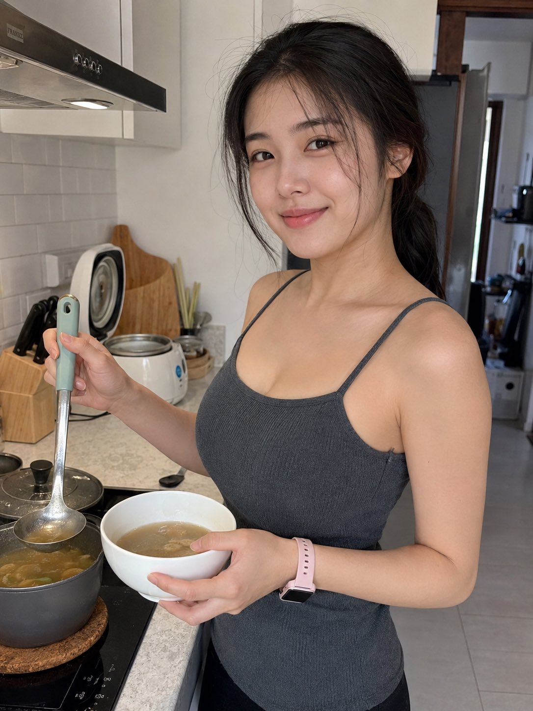 Nanobanana Pro 生成 现代厨房备餐的东亚女性超写实手机抓拍 - AI绘画提示词