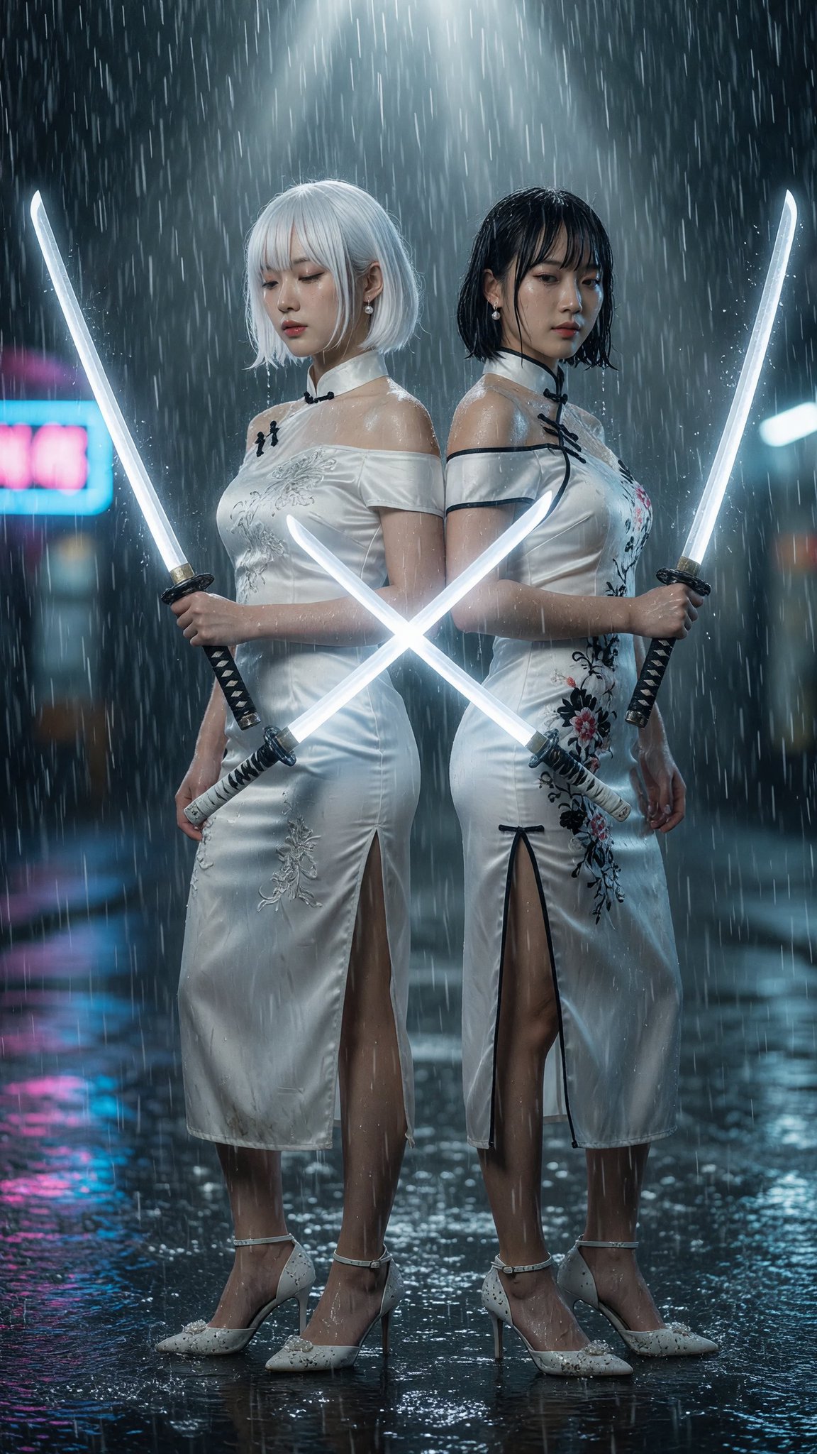 Nanobanana Pro 生成 大雨中持发光武士刀的旗袍东亚女性 - AI绘画提示词