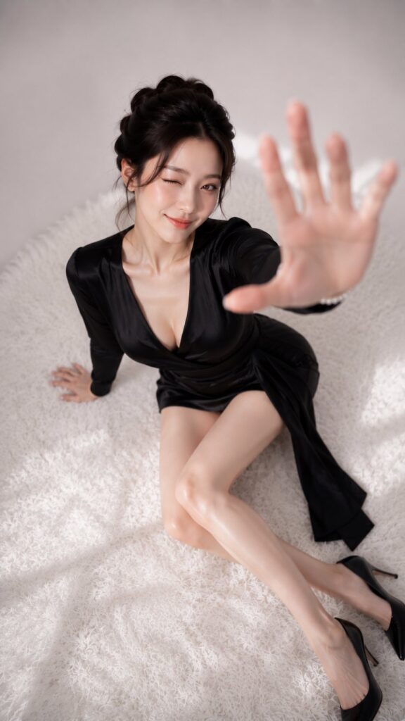 Nanobanana Pro 生成 极简影棚黑色缎面裙东亚女性时尚肖像 - AI绘画提示词