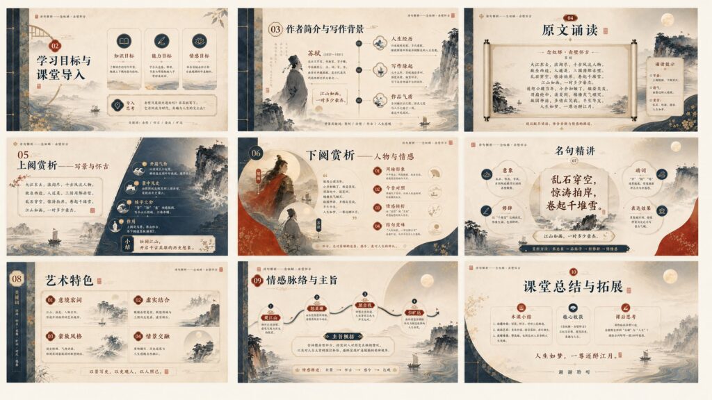 Nanobanana Pro 生成 东方古典美学念奴娇赤壁获奖课件设计 - AI绘画提示词