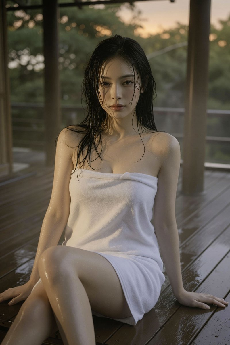 Nanobanana Pro 生成 森林温泉露台湿发浴巾女性人像 - AI绘画提示词