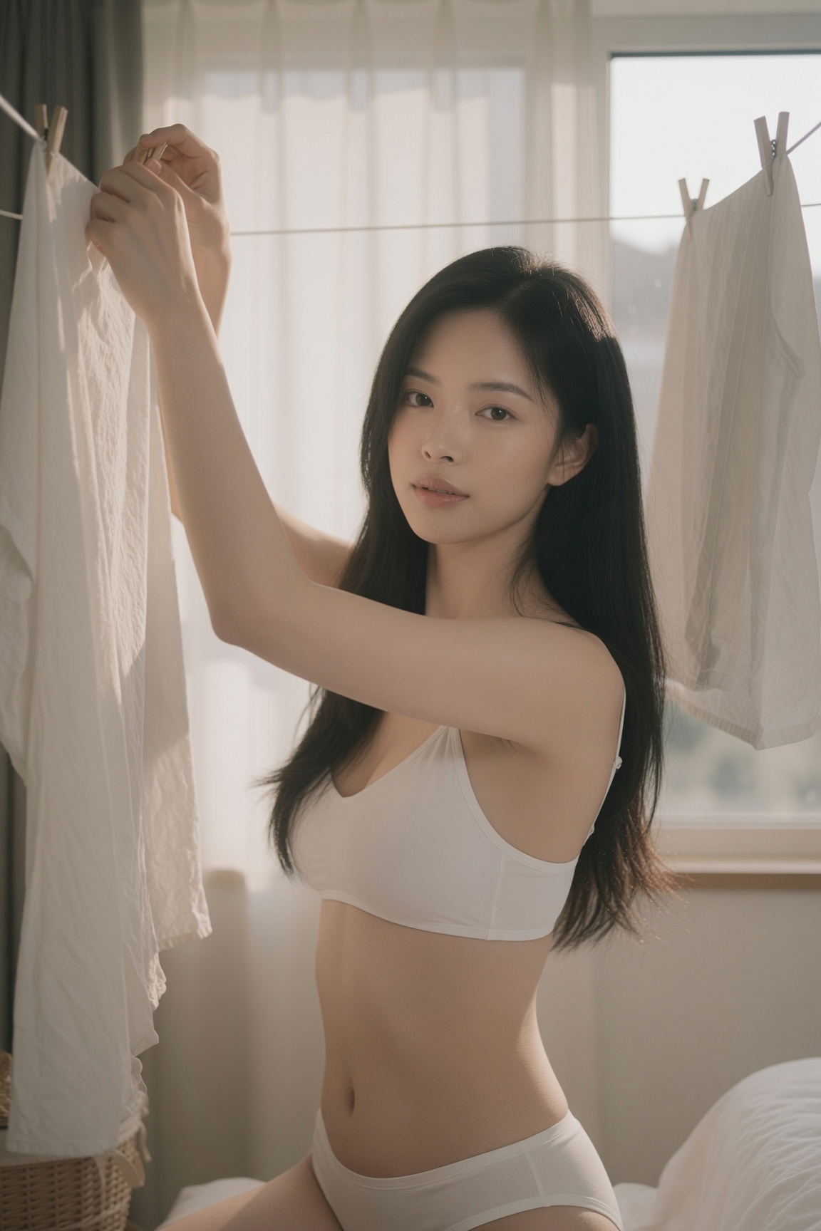 Nanobanana Pro 生成 卧室床边晾衣的东亚女性生活写真 - AI绘画提示词