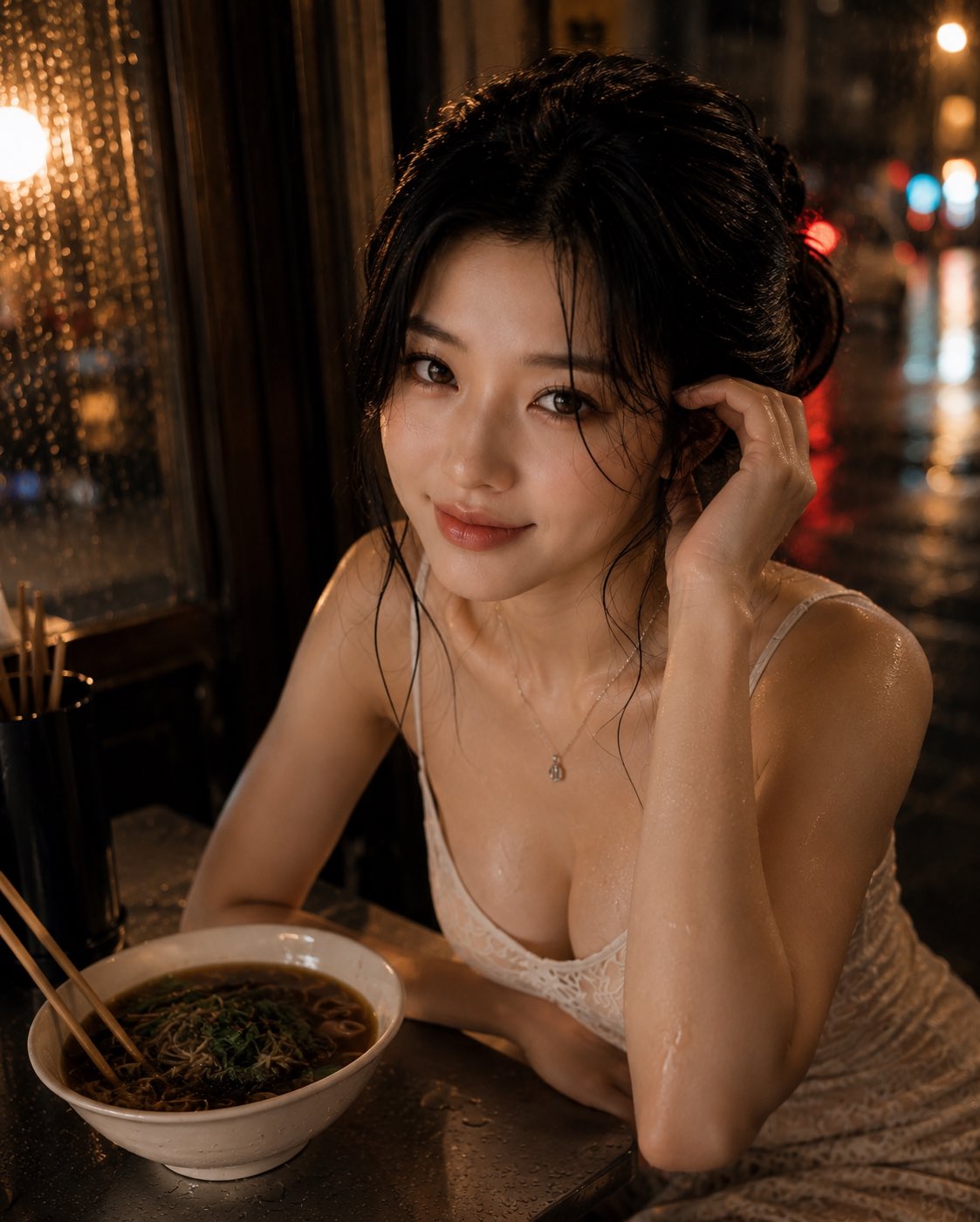 Nanobanana Pro 生成 超写实夜间街头面馆东亚美女肖像 - AI绘画提示词