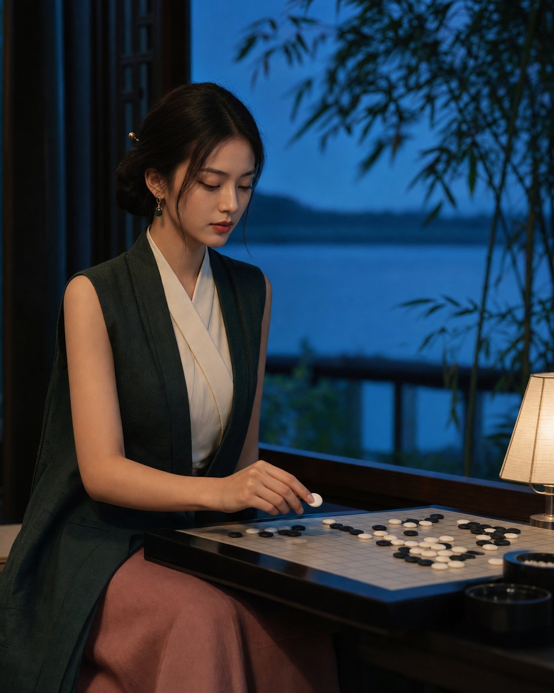 Nanobanana Pro 生成 东方女性临水棋亭生活摄影海报 - AI绘画提示词