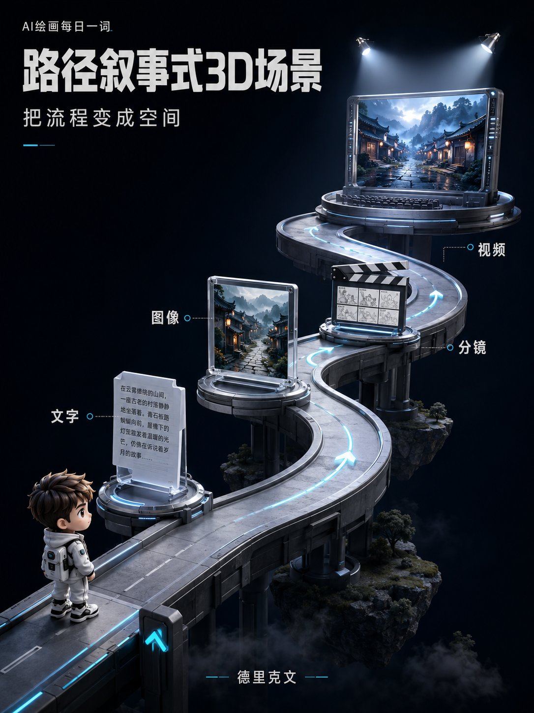 Nanobanana Pro 生成 科技感3D路径叙事视觉海报 - AI绘画提示词