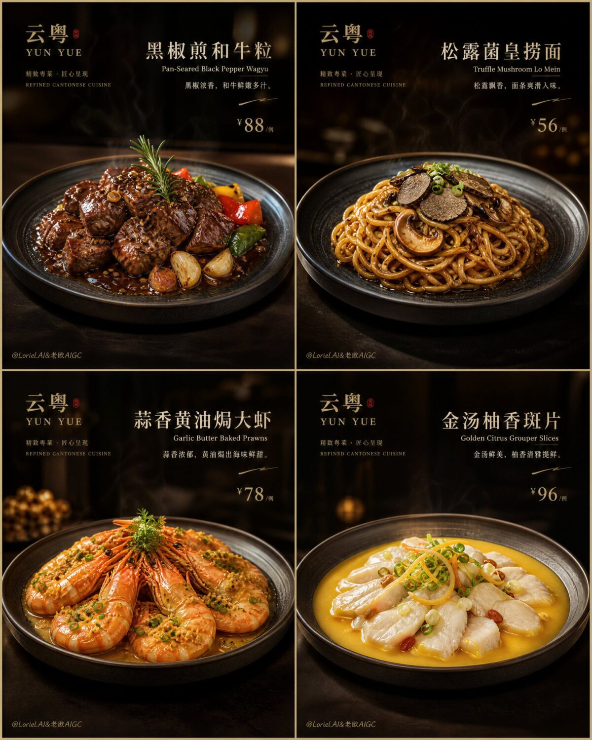 Nanobanana Pro 生成 顶级西餐品牌四宫格宣传海报 - AI绘画提示词