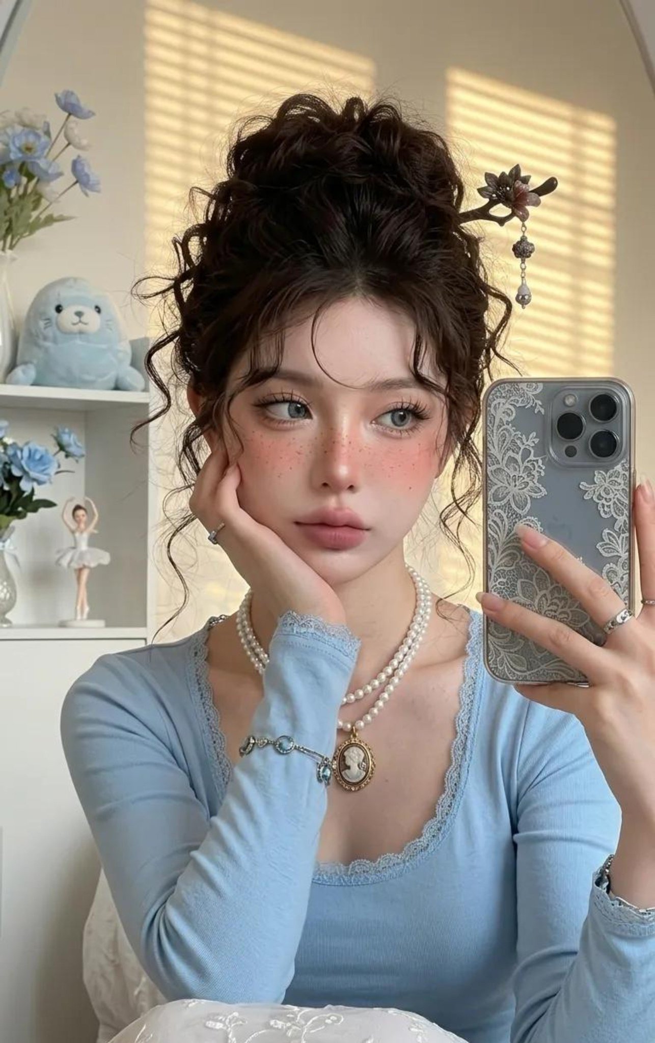 Ultra Photorealistic Igari Makeup Mirror Selfie Blue Lace | 超写实少女宿醉妆蓝色蕾丝镜前自拍 2 Nanobanana Pro 生成 超写实少女宿醉妆蓝色蕾丝镜前自拍 - AI绘画提示词