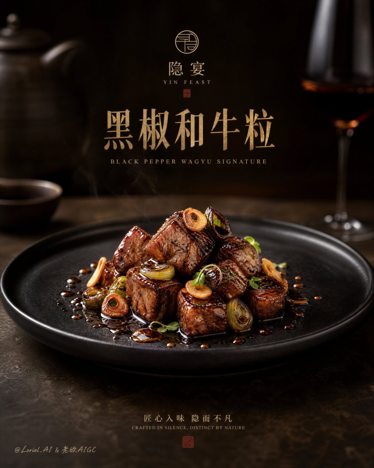 Nanobanana Pro 生成 奢华中式餐厅黑椒和牛招牌海报 - AI绘画提示词