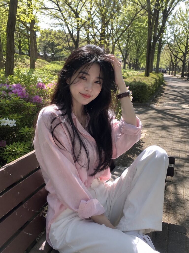 East Asian Woman Spring Park Portrait | 春日公园长椅东亚女性写实肖像 5 Nanobanana Pro 生成 春日公园长椅东亚女性写实肖像 - AI绘画提示词