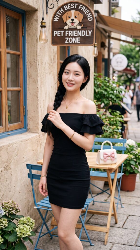 Nanobanana Pro 生成 户外咖啡厅黑裙侧辫东亚女性人像 - AI绘画提示词