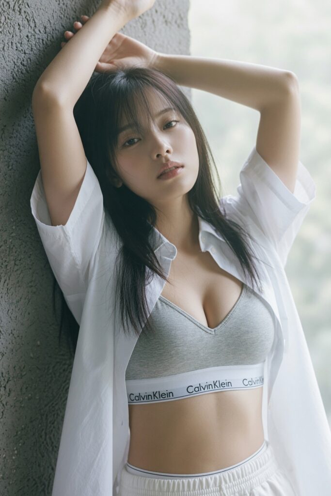 Nanobanana Pro 生成 混凝土墙边极简主义东亚女性写真 - AI绘画提示词
