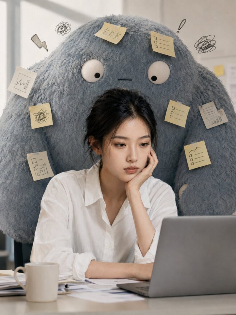 Office Woman Anxiety Emotion Monster Creative Photography | 职场女性与焦虑怪兽创意摄影 6 Nanobanana Pro 生成 职场女性与焦虑怪兽创意摄影 - AI绘画提示词