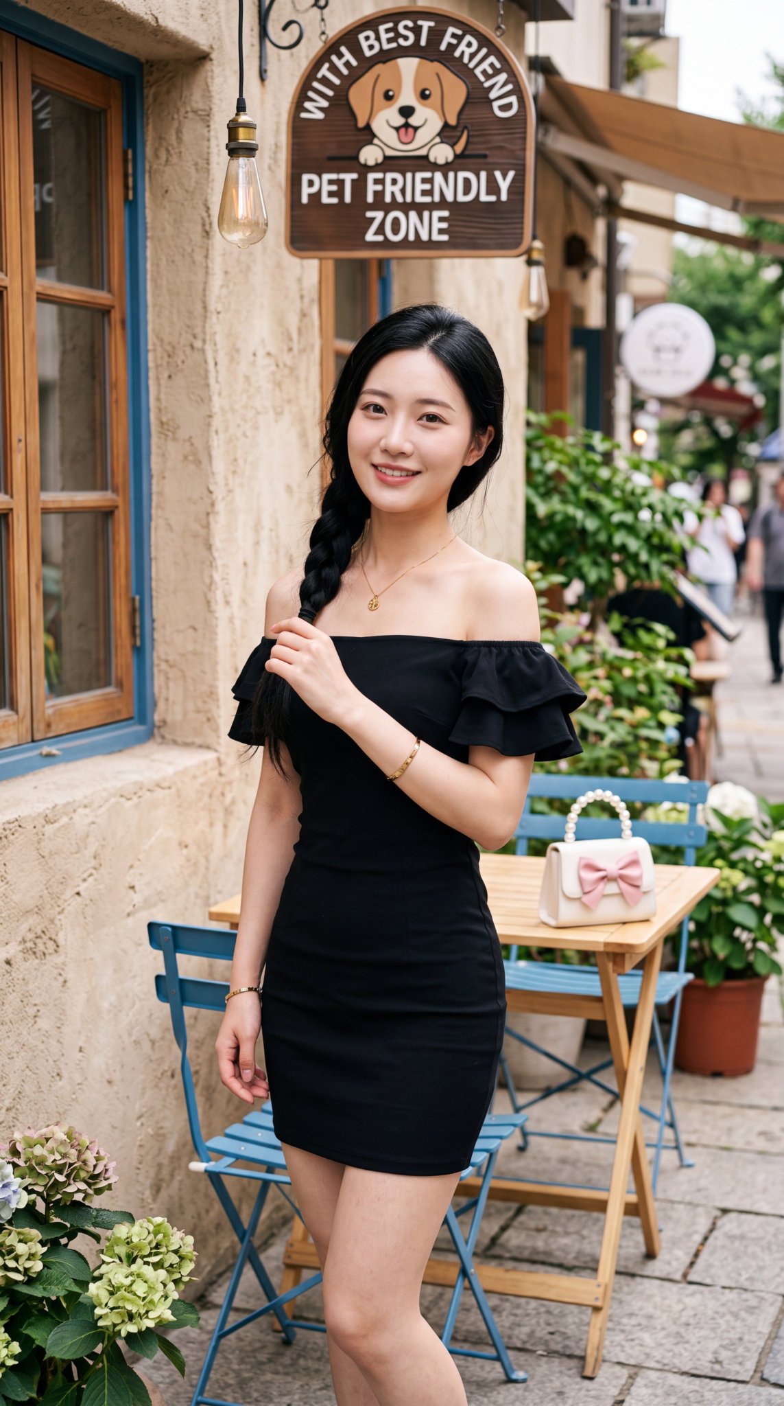 Nanobanana Pro 生成 户外咖啡厅黑裙侧辫东亚女性人像 - AI绘画提示词