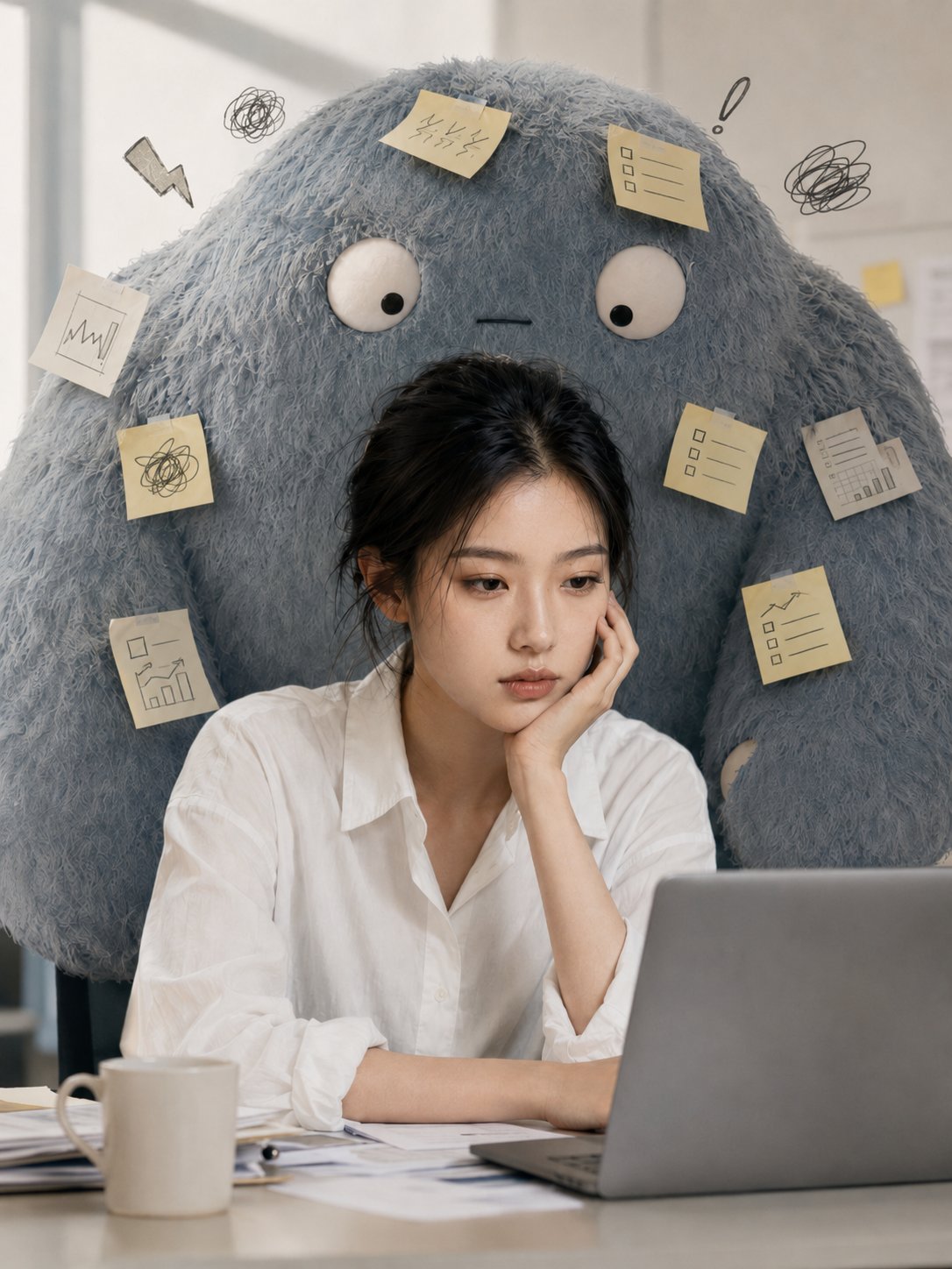 Nanobanana Pro 生成 职场女性与焦虑怪兽创意摄影 - AI绘画提示词