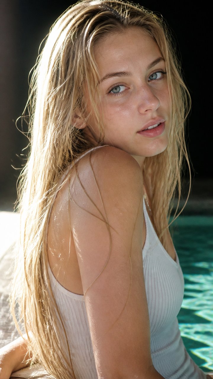 Sunset Poolside Wet Look Portrait | 泳池夕阳逆光湿发白人女性人像 2 Nanobanana Pro 生成 泳池夕阳逆光湿发白人女性人像 - AI绘画提示词