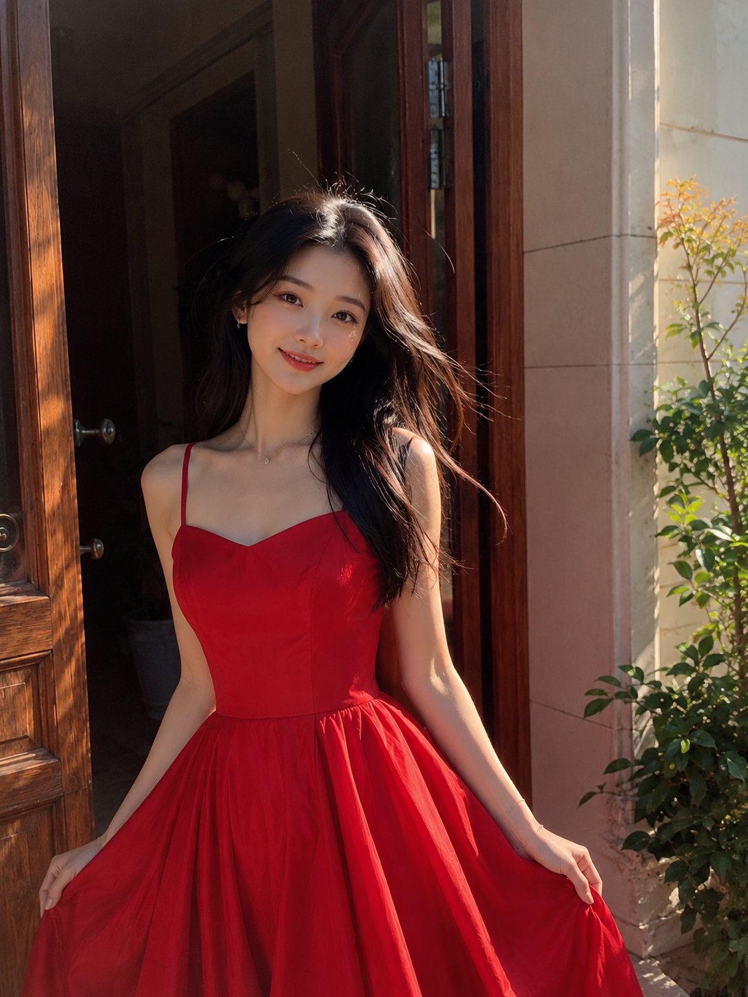 Nanobanana Pro 生成 阳光门道红裙东亚女性写实人像 - AI绘画提示词