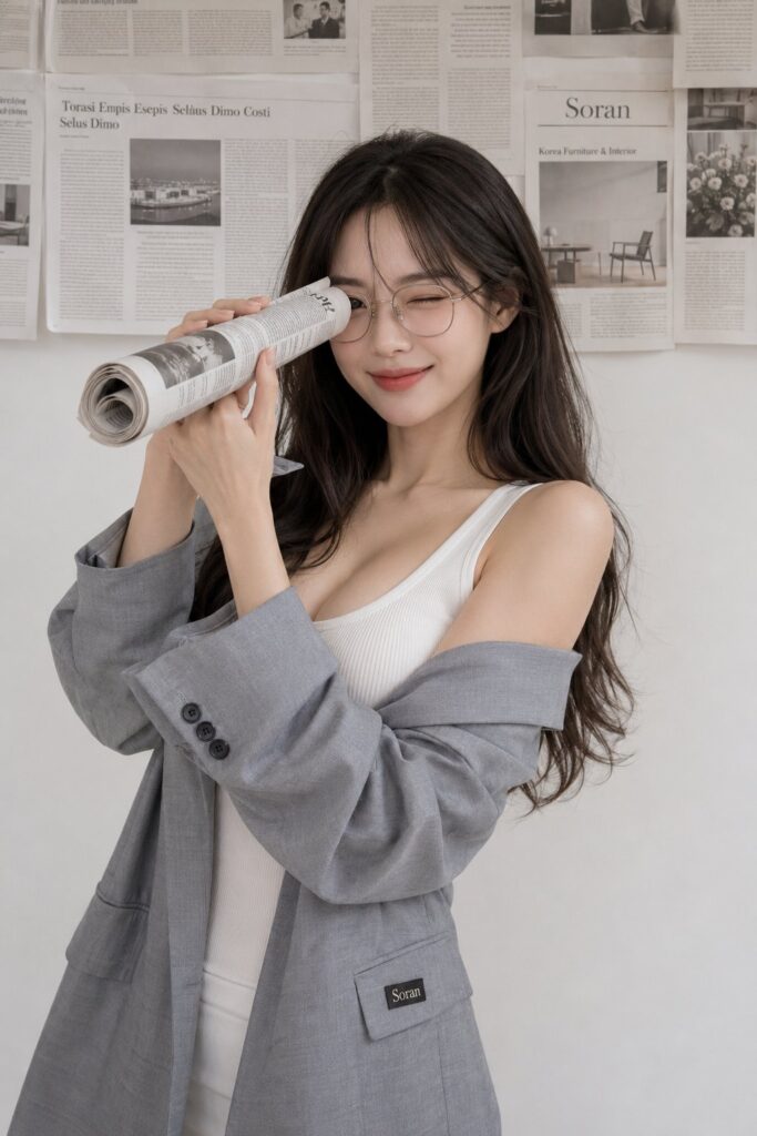 Nanobanana Pro 生成 极简奶白色室内西装人像报纸创意写真 - AI绘画提示词