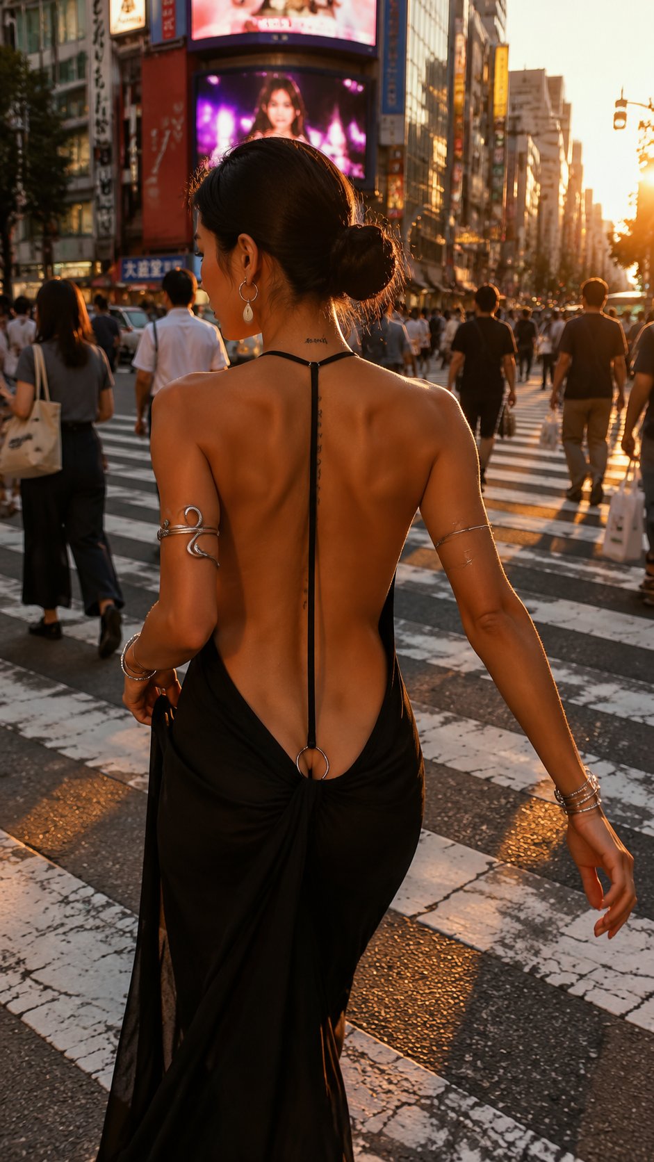 Shibuya Crossing Sunset Backless Gown Snapshot | 涩谷十字路口日落露背长裙女性街拍快照 2 Nanobanana Pro 生成 涩谷十字路口日落露背长裙女性街拍快照 - AI绘画提示词