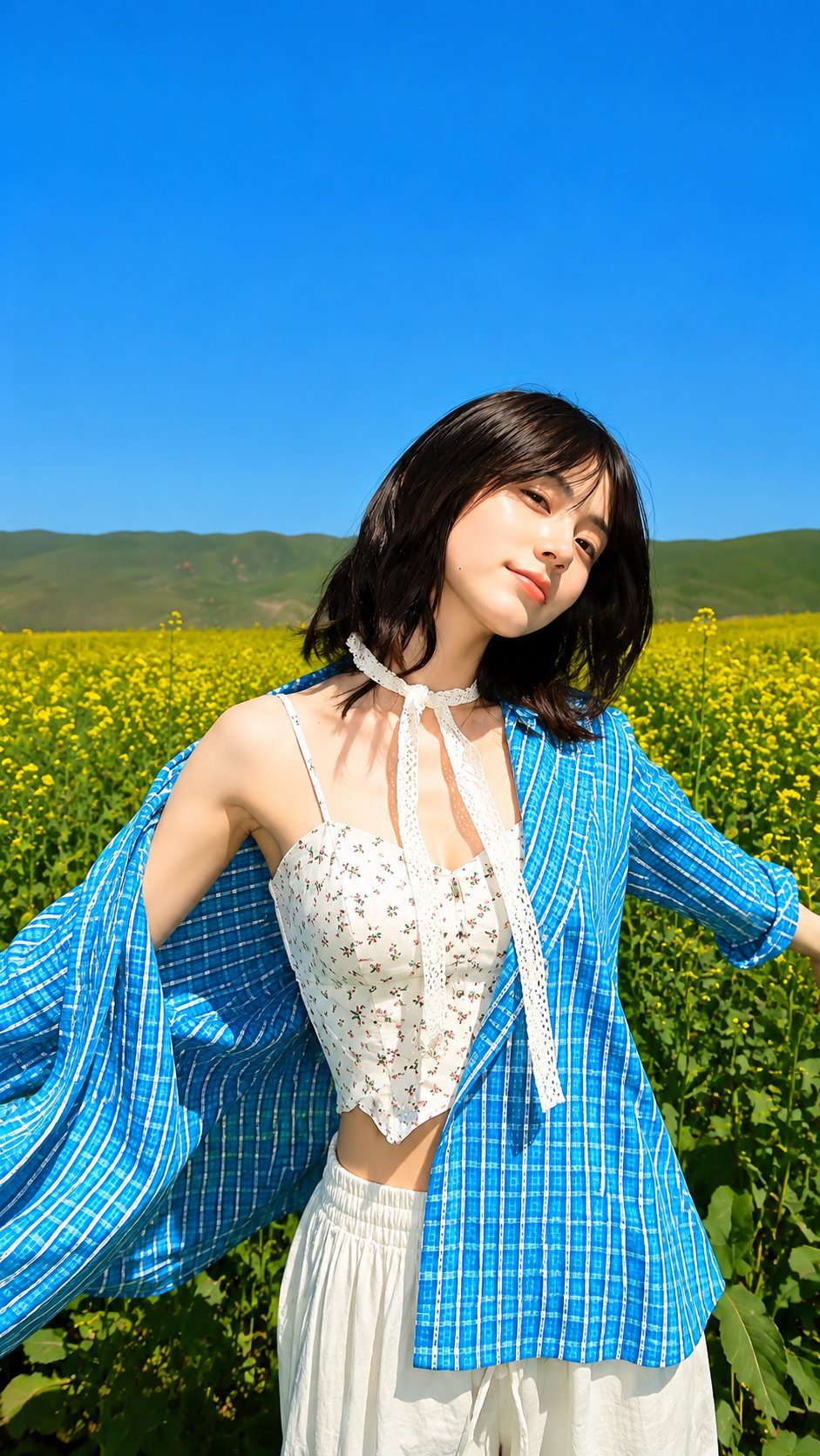 Nanobanana Pro 生成 东亚女性油菜花田超写实时尚摄影 - AI绘画提示词