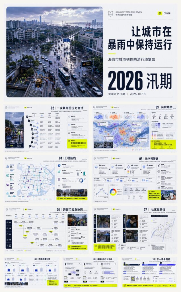 Nanobanana Pro 生成 国际主义纪实风格城市韧性防涝报告设计 - AI绘画提示词