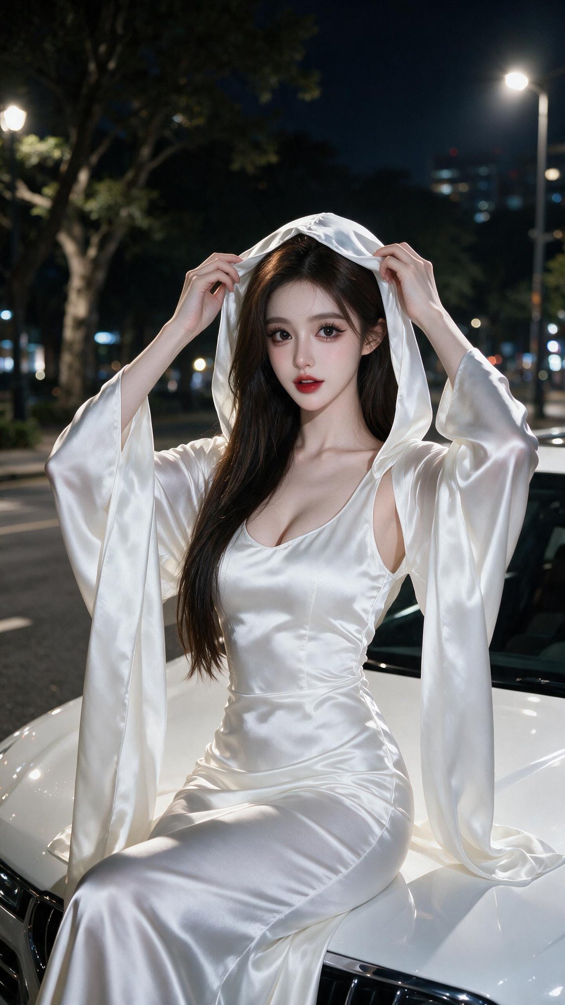East Asian Woman White Satin Dress Luxury Car Night | 白缎裙东亚美女与白色豪车夜景 2 Nanobanana Pro 生成 白缎裙东亚美女与白色豪车夜景 - AI绘画提示词