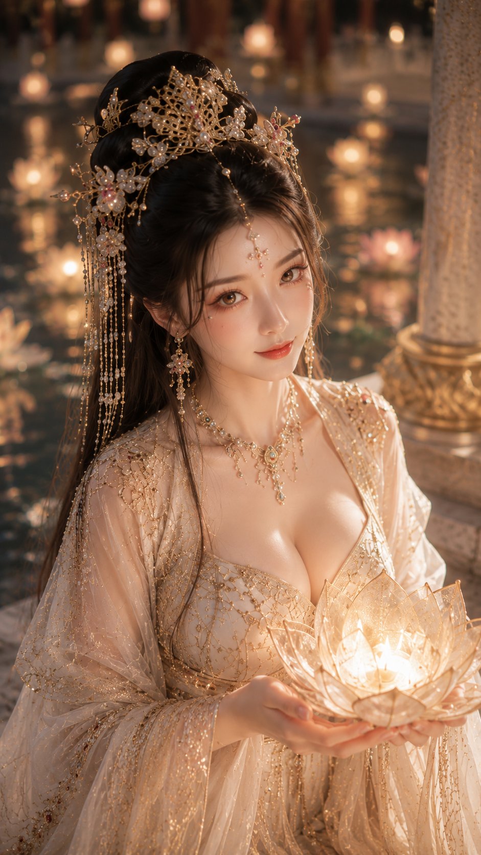 Nanobanana Pro 生成 古风仙侠水殿莲灯女主写真 - AI绘画提示词
