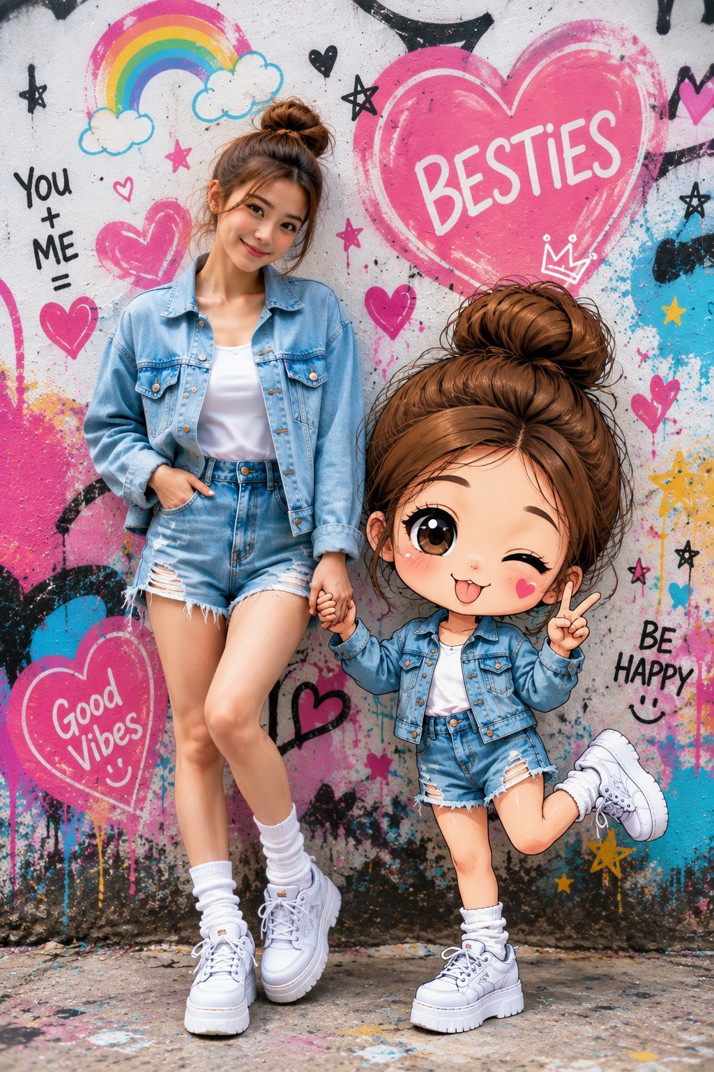 Nanobanana Pro 生成 现实美女与Q版涂鸦女孩街头风合照 - AI绘画提示词