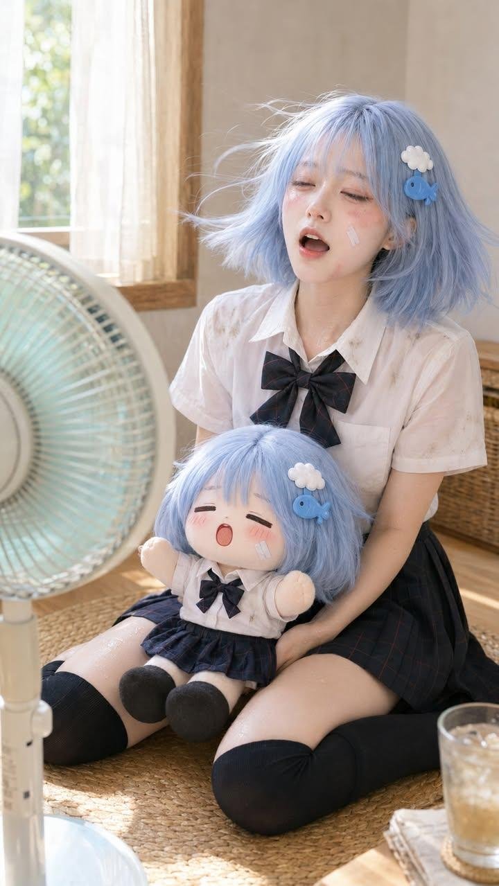 Realistic Person And Plush Doll Summer Fan Cooling | 盛夏风扇前的真人与可爱棉花娃娃 2 Nanobanana Pro 生成 盛夏风扇前的真人与可爱棉花娃娃 - AI绘画提示词