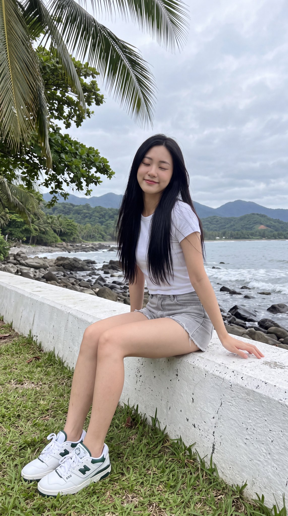 Nanobanana Pro 生成 海边防波堤上的东亚年轻女子写实摄影 - AI绘画提示词